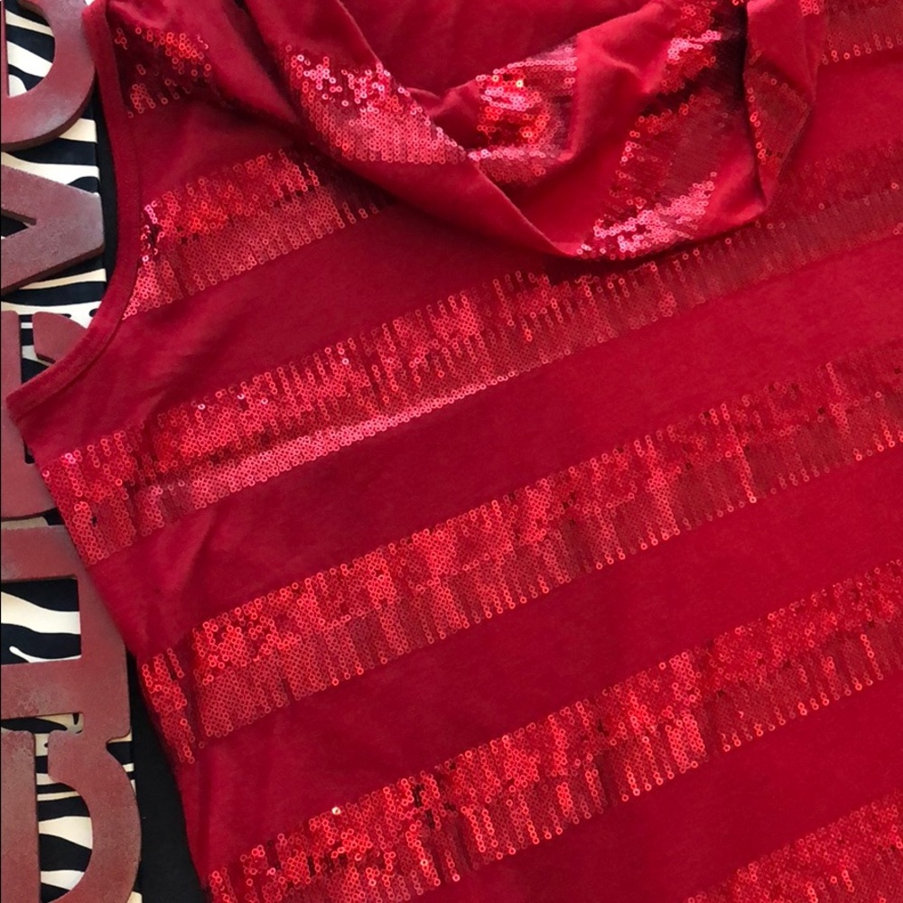 Red sequin cowl neck tank top